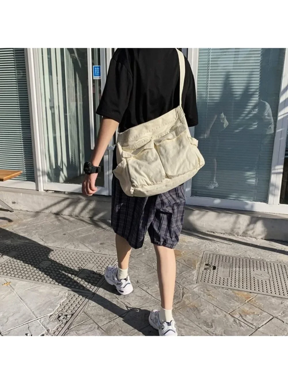 Women's White Travel Canvas Zipper Crossbody Shoulder Laptop Bag